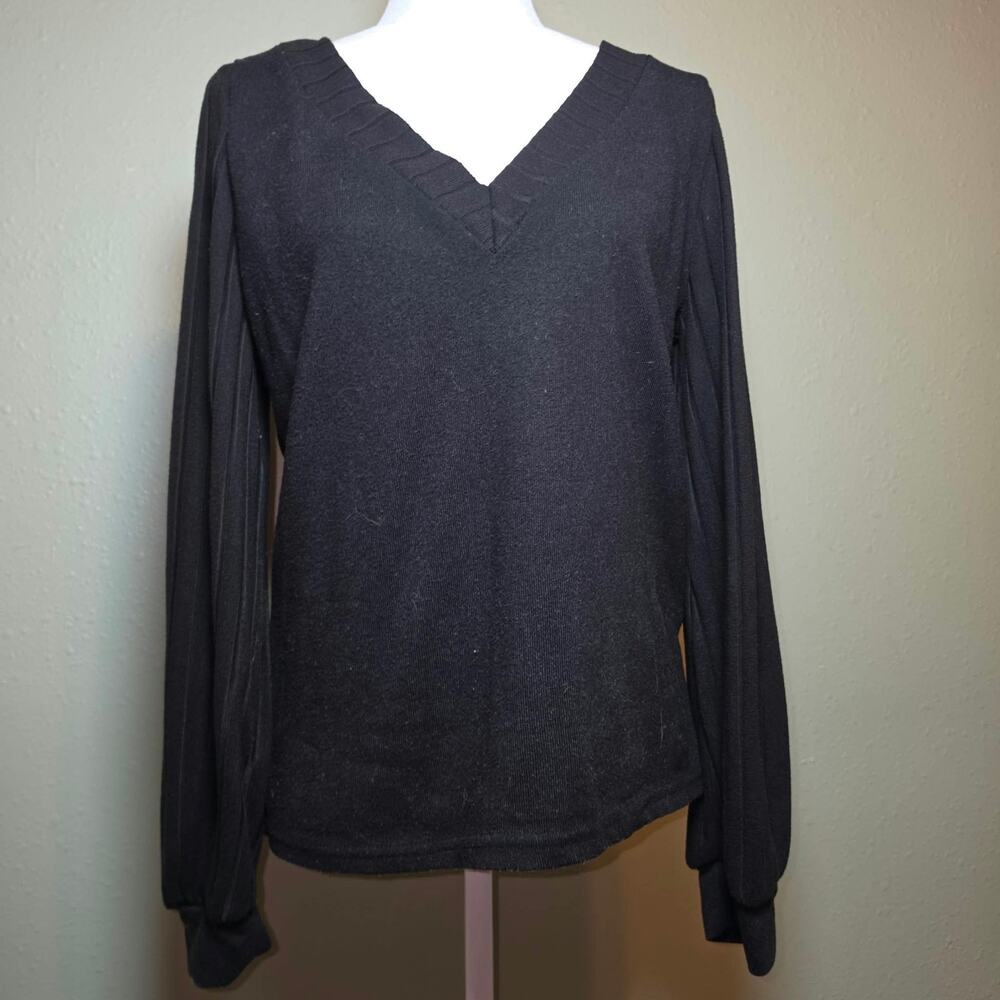 SHEIN Black Ribbed Knit V-Neck Pullover Long Sleeve Top Size Medium